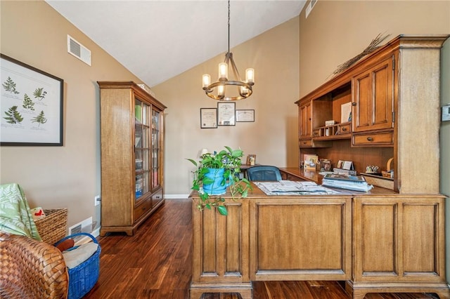 74 Quail Run, Unity Twp, PA 15601 - home office featuring dark wood-style floors, a chandelier, and high vaulted ceiling