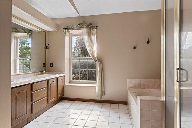 403 Lundy Ct, Cranberry Twp, PA 16066 - bathroom featuring double vanity, a garden tub, tile patterned flooring, and a shower stall