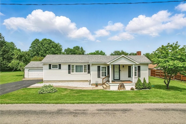 816 Wheatland Rd, Shenango Twp Mer, PA 16159 - ranch-style house with an outdoor structure, a chimney, a porch, a garage, and a shingled roof