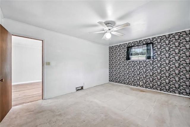 816 Wheatland Rd, Shenango Twp Mer, PA 16159 - unfurnished room featuring ceiling fan, ornamental molding, and wallpapered walls
