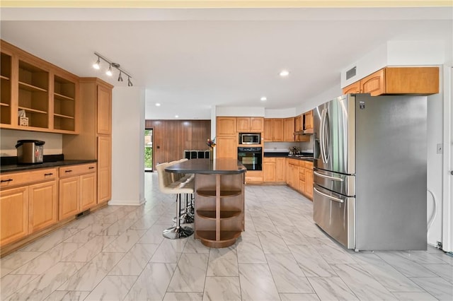 133 Hartwood Dr, Point Breeze, PA 15208 - kitchen with appliances with stainless steel finishes, open shelves, dark countertops, light marble finish floors, and recessed lighting
