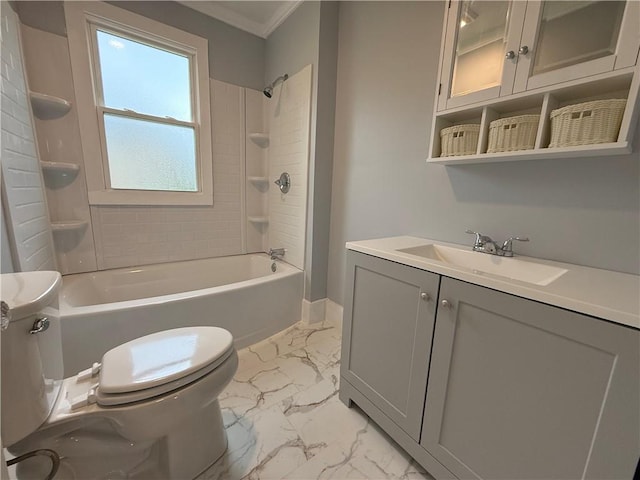 4352 Ellwood Rd, Wayne Twp Law, PA 16101 - full bathroom with marble finish floors, vanity,  shower combination, and ornamental molding
