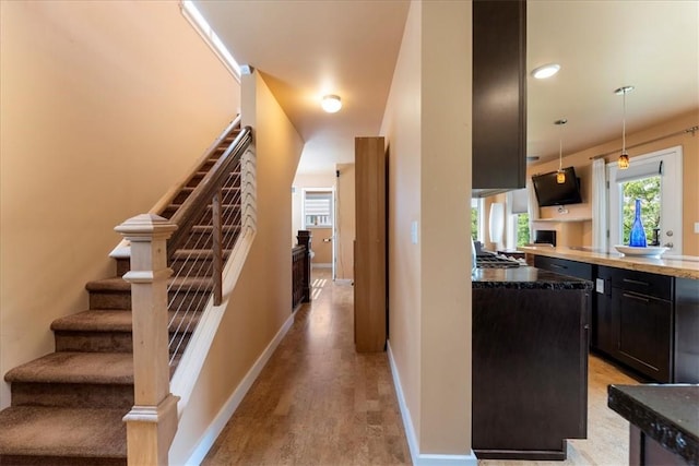 548 Penn St, Verona, PA 15147 - kitchen featuring plenty of natural light, hanging light fixtures, light wood-style flooring, and dark cabinetry