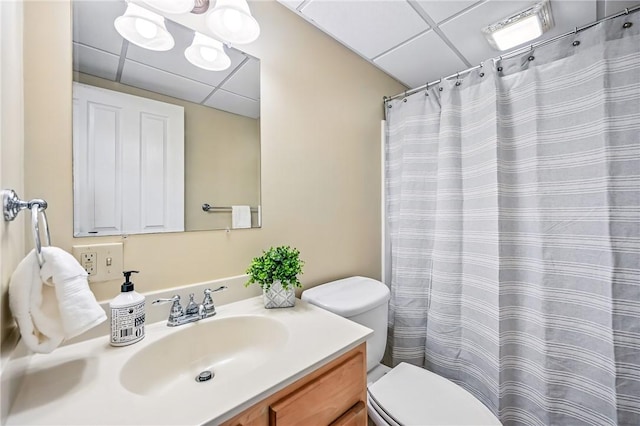 11504 N Shore Dr, Conneaut Lake Cra, PA 16316 - bathroom featuring a drop ceiling, vanity, and a shower with shower curtain
