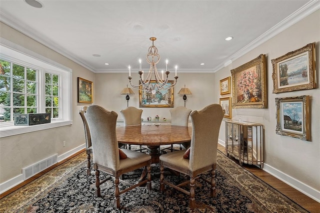 1909 Highgate Rd, Upper St Clair, PA 15241 - dining room featuring wood finished floors, a chandelier, recessed lighting, and ornamental molding