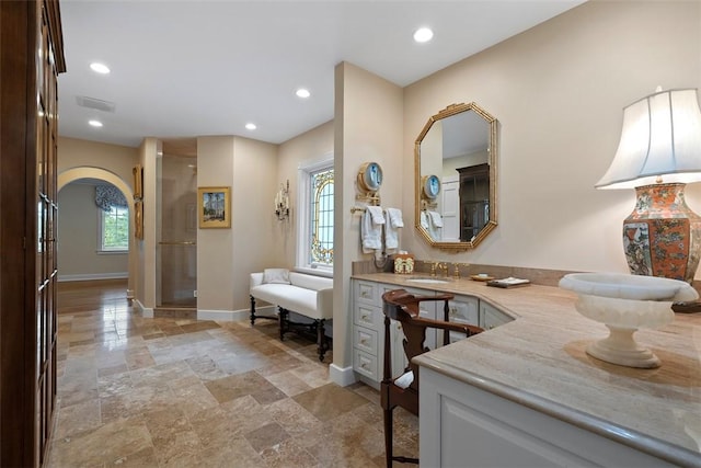 1909 Highgate Rd, Upper St Clair, PA 15241 - full bath with stone finish floors, vanity, a shower with door, and recessed lighting