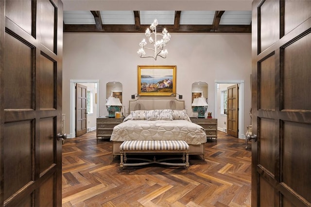 1909 Highgate Rd, Upper St Clair, PA 15241 - bedroom with a towering ceiling, beamed ceiling, and a chandelier