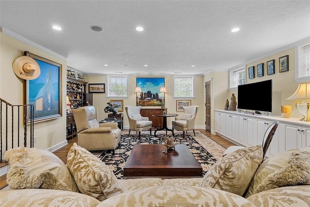 1909 Highgate Rd, Upper St Clair, PA 15241 - living room featuring crown molding, light wood-style floors, recessed lighting, and stairs