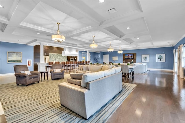 620 Amarth Ln, Cranberry Twp, PA 16066 - living room featuring ornate columns, coffered ceiling, hardwood / wood-style floors, a chandelier, and recessed lighting