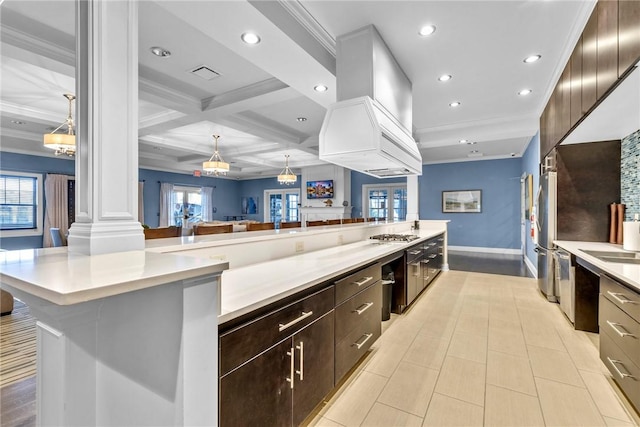 620 Amarth Ln, Cranberry Twp, PA 16066 - kitchen featuring light countertops, crown molding, decorative columns, recessed lighting, and stainless steel appliances