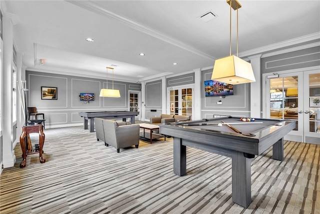 620 Amarth Ln, Cranberry Twp, PA 16066 - rec room featuring french doors, a decorative wall, pool table, ornamental molding, and recessed lighting