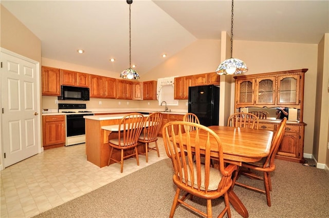23 Naples Dr, North Union Twp, PA 15401 - dining area featuring recessed lighting, high vaulted ceiling, and light carpet