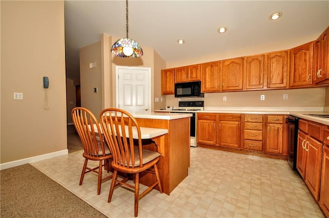 23 Naples Dr, North Union Twp, PA 15401 - kitchen with black appliances, brown cabinets, vaulted ceiling, a kitchen breakfast bar, and light flooring