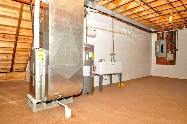 23 Naples Dr, North Union Twp, PA 15401 - unfinished below grade area featuring electric panel, electric water heater, concrete block wall, and heating unit