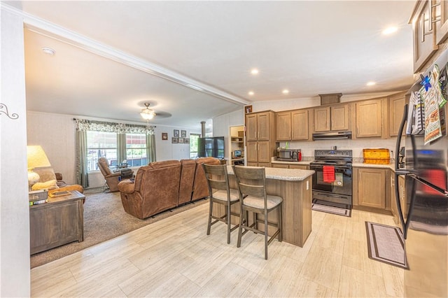 182 Bankhead Rd, Smithfield, PA 15478 - kitchen featuring electric range, freestanding refrigerator, stainless steel microwave, ventilation hood, and open floor plan