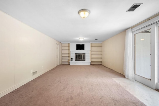 95 Karen Dr, Buffalo Twp Wsh, PA 15301 - unfurnished living room featuring a fireplace, light carpet, and built in features
