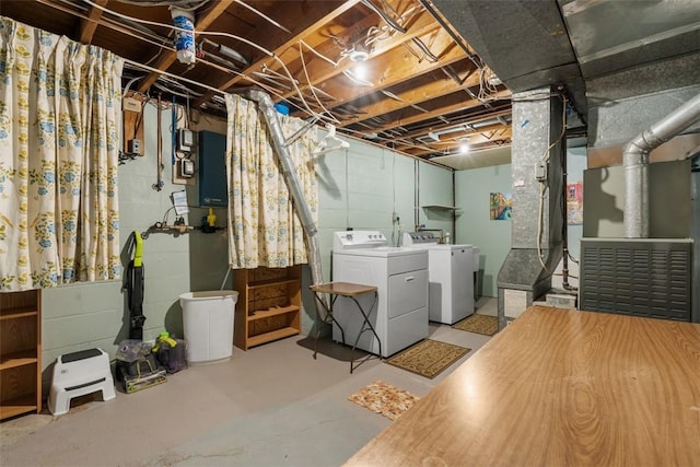 95 Karen Dr, Buffalo Twp Wsh, PA 15301 - unfinished basement featuring washer and dryer, heating unit, and electric panel