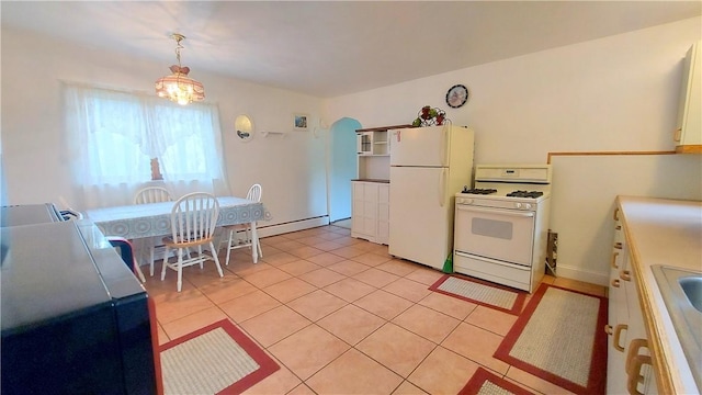 14099 Lincoln Way N, Huntingdon, PA 15642 - kitchen with white appliances, light tile patterned flooring, a baseboard radiator, and pendant lighting
