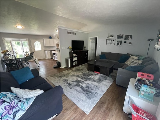 10240 Roseway Blvd, North Huntingdon, PA 15642 - living area featuring lofted ceiling, dark wood-style floors, and a textured ceiling