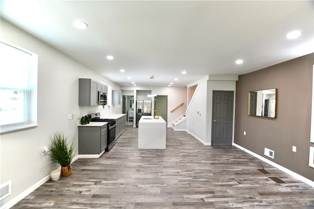 428 Donna, Garfield, PA 15224 - kitchen featuring stainless steel appliances, gray cabinetry, wood finished floors, recessed lighting, and light countertops