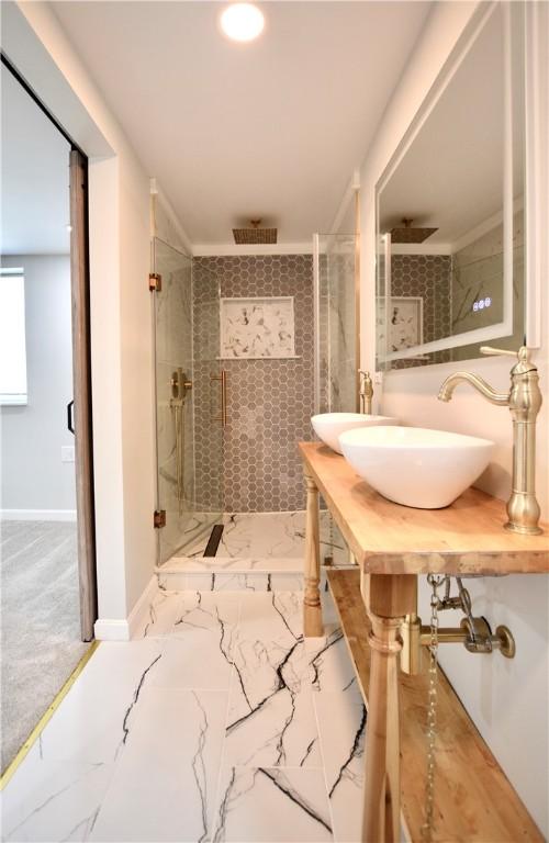 428 Donna, Garfield, PA 15224 - bathroom with a shower stall, marble finish floors, and vanity