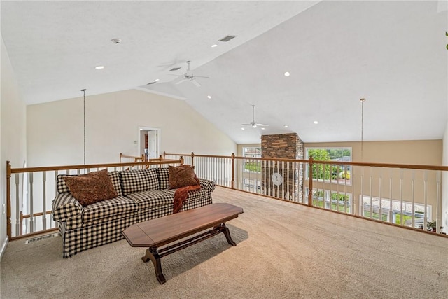1041 Ashfield Way, Salem Twp Wml, PA 15601 - living area featuring a ceiling fan, carpet, and high vaulted ceiling