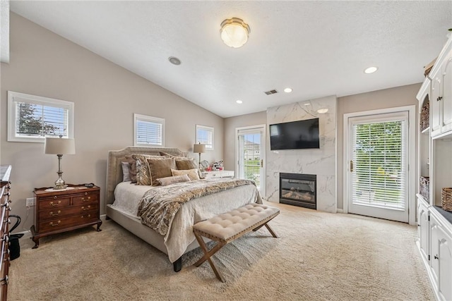1041 Ashfield Way, Salem Twp Wml, PA 15601 - bedroom with light colored carpet, access to exterior, a fireplace, recessed lighting, and vaulted ceiling