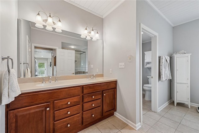 1041 Ashfield Way, Salem Twp Wml, PA 15601 - bathroom with crown molding, double vanity, tile patterned floors, and a shower stall