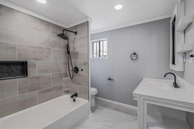 322 S Broadway St, Scottdale, PA 15683 - bathroom featuring vanity, ornamental molding, shower / bathtub combination, marble look tiles, and recessed lighting