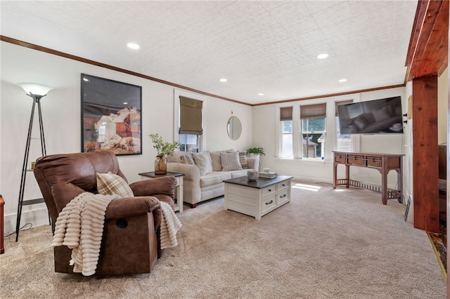 12091/2 Vance Ave, Coraopolis, PA 15108 - living room featuring light colored carpet, ornamental molding, and recessed lighting