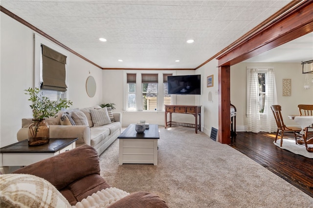 12091/2 Vance Ave, Coraopolis, PA 15108 - carpeted living room featuring ornamental molding, recessed lighting, and wood finished floors