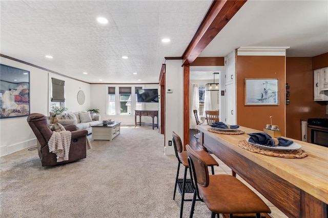 12091/2 Vance Ave, Coraopolis, PA 15108 - living room with carpet floors, ornamental molding, and recessed lighting