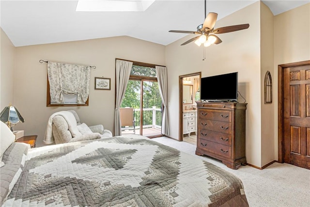 223 Horseshoe Dr, Adams Twp, PA 16046 - bedroom with access to exterior, lofted ceiling, a skylight, light colored carpet, and ceiling fan