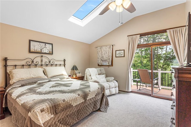 223 Horseshoe Dr, Adams Twp, PA 16046 - carpeted bedroom featuring access to exterior, lofted ceiling, a skylight, and a ceiling fan