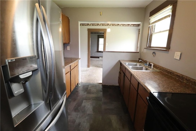 1700 Grall Ave, Shaler, PA 15209 - kitchen featuring stainless steel fridge with ice dispenser, light countertops, brown cabinets, and electric range