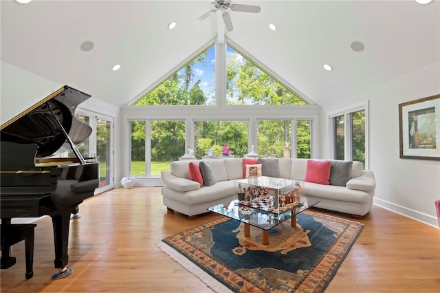 241 W Chapel Ridge Rd, Fox Chapel, PA 15238 - living area with plenty of natural light, high vaulted ceiling, a ceiling fan, recessed lighting, and wood finished floors