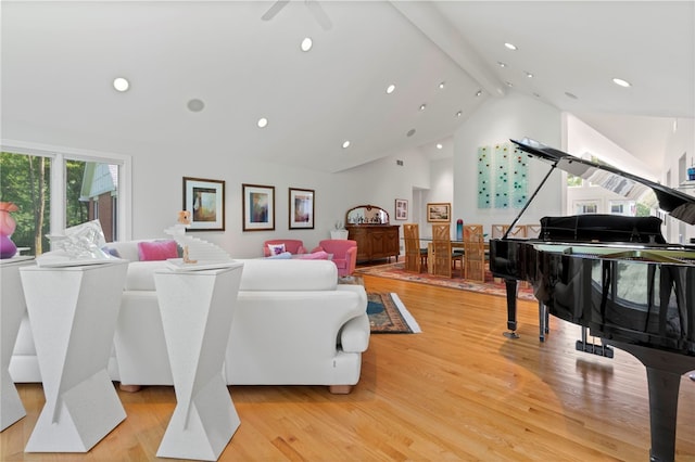 241 W Chapel Ridge Rd, Fox Chapel, PA 15238 - living room with beamed ceiling, light wood finished floors, high vaulted ceiling, recessed lighting, and ceiling fan