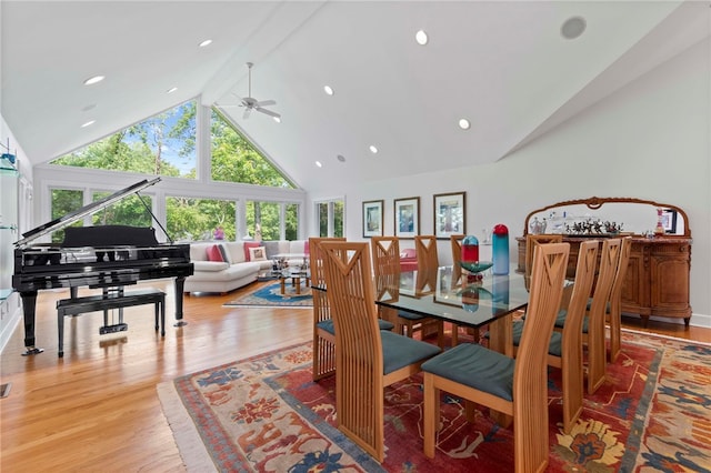 241 W Chapel Ridge Rd, Fox Chapel, PA 15238 - dining room featuring high vaulted ceiling, ceiling fan, wood finished floors, beam ceiling, and recessed lighting
