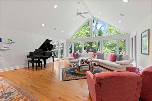 241 W Chapel Ridge Rd, Fox Chapel, PA 15238 - living room with beam ceiling, high vaulted ceiling, a ceiling fan, light wood-style flooring, and recessed lighting