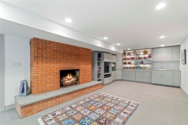 241 W Chapel Ridge Rd, Fox Chapel, PA 15238 - unfurnished living room with light carpet, a brick fireplace, and recessed lighting