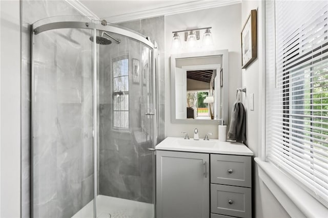 2805 Hamilton Ave, Shaler, PA 15116 - bathroom featuring a marble finish shower, vanity, and crown molding