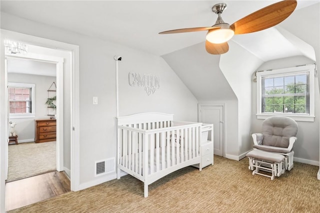 2805 Hamilton Ave, Shaler, PA 15116 - bedroom with carpet floors, a crib, ceiling fan, and vaulted ceiling