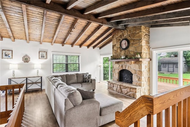 2805 Hamilton Ave, Shaler, PA 15116 - living area featuring wood ceiling, hardwood / wood-style floors, and a stone fireplace