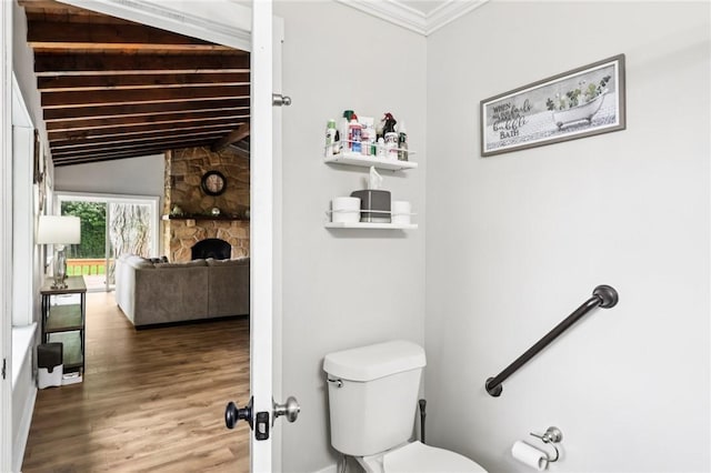 2805 Hamilton Ave, Shaler, PA 15116 - bathroom featuring wood finished floors, a stone fireplace, and crown molding