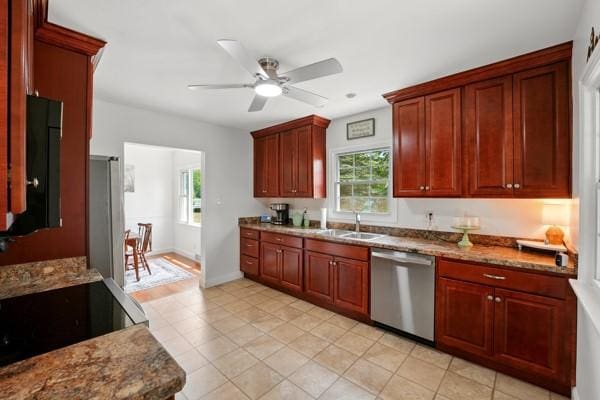 108 E Oakwood Way, Neshannock Twp, PA 16105 - kitchen featuring appliances with stainless steel finishes, a ceiling fan, reddish brown cabinets, and light tile patterned floors