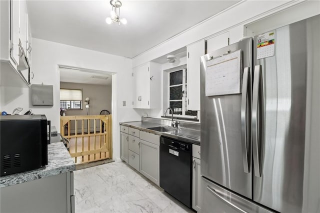 6 Edgewood Acres, Neshannock Twp, PA 16105 - kitchen featuring black appliances, light marble finish floors, and white cabinetry