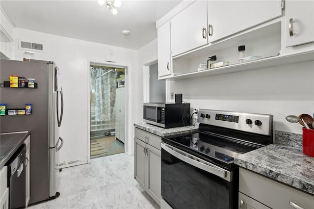 6 Edgewood Acres, Neshannock Twp, PA 16105 - kitchen with appliances with stainless steel finishes, light marble finish flooring, open shelves, and white cabinetry