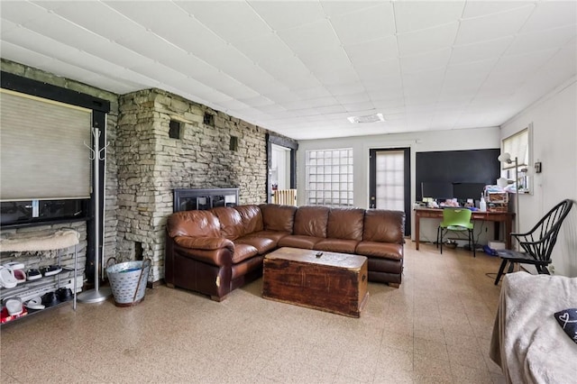6 Edgewood Acres, Neshannock Twp, PA 16105 - living area featuring a stone fireplace and a desk