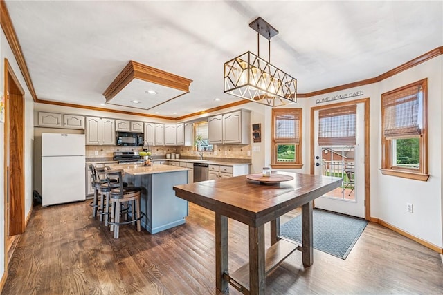 1007 Braemar Dr, Penn Twp Wml, PA 15644 - kitchen featuring appliances with stainless steel finishes, crown molding, plenty of natural light, light countertops, and dark wood-style flooring