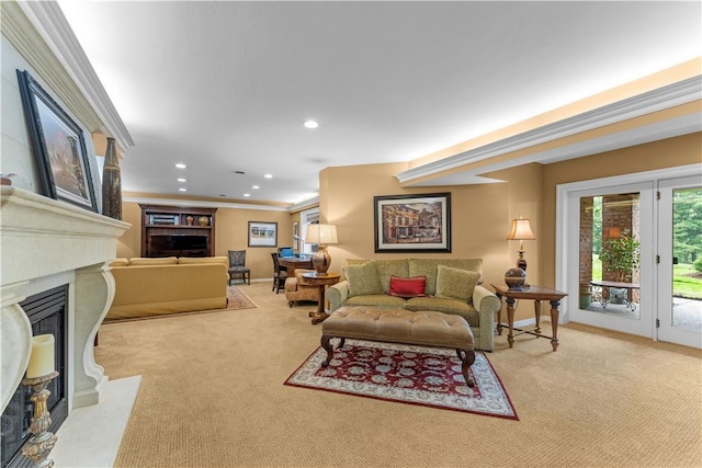 1055 Saint Mellion Dr, Collier Twp, PA 15142 - carpeted living room with a fireplace with flush hearth, recessed lighting, and ornamental molding